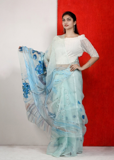 Hand Painted Muslin Sharee - 4